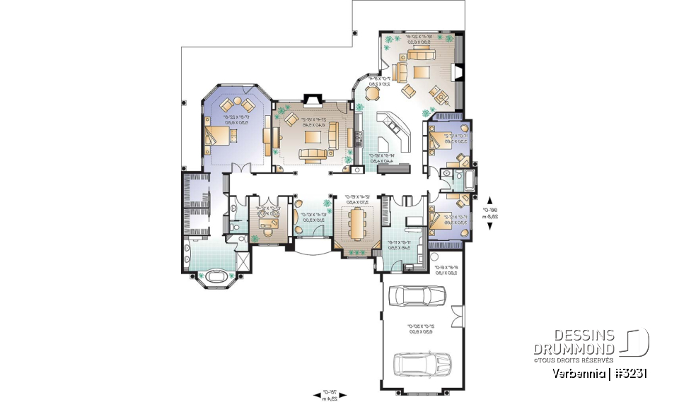 Rez-de-chaussée - Plan de grand bungalow, 3 à 4 chambres, style méditerranéen, garage triple, bureau, foyer, grande cuisine - Verbennia