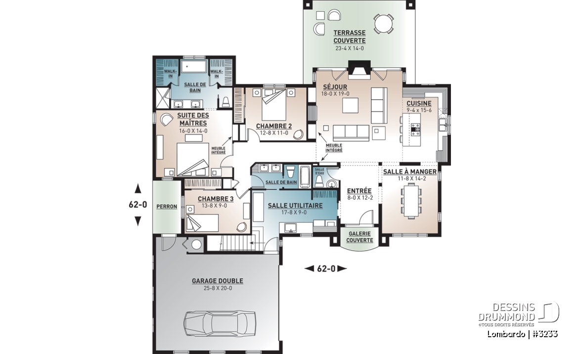 Rez-de-chaussée - Grand plan de plain-pied, 3 chambres, garage double, terrasse abritée, foyer, grande buanderie, suite parents - Lombardo