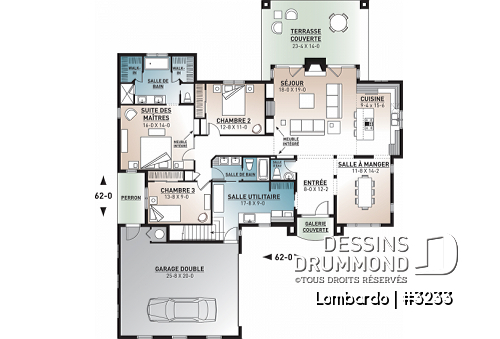 Rez-de-chaussée - Grand plan de plain-pied, 3 chambres, garage double, terrasse abritée, foyer, grande buanderie, suite parents - Lombardo