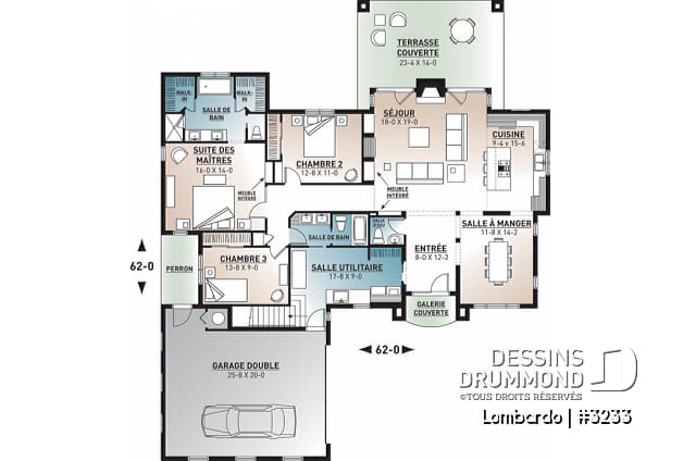 Rez-de-chaussée - Grand plan de plain-pied, 3 chambres, garage double, terrasse abritée, foyer, grande buanderie, suite parents - Lombardo