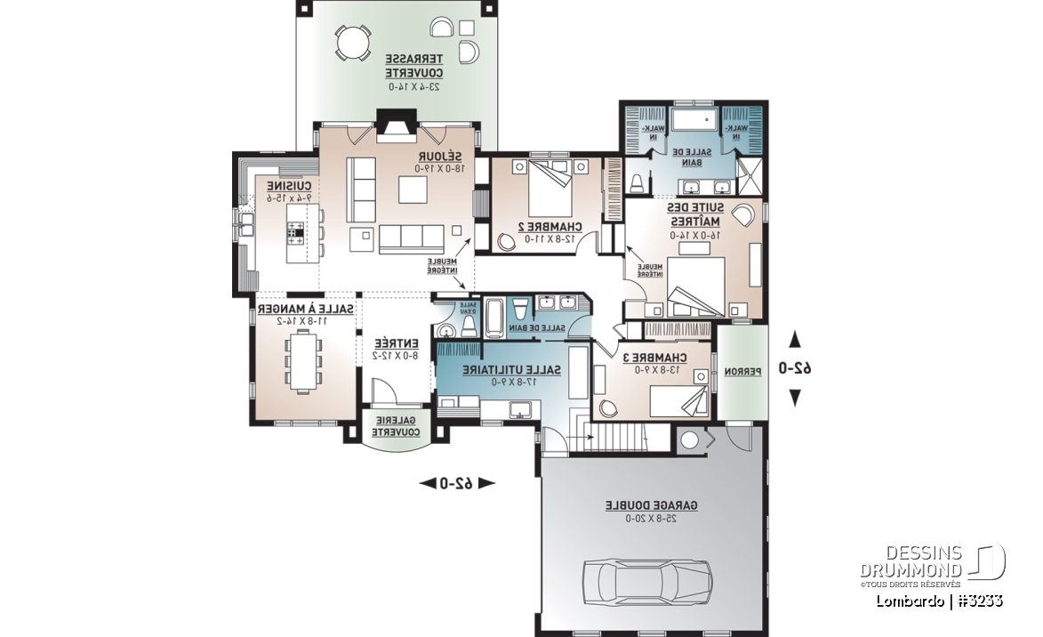 Rez-de-chaussée - Grand plan de plain-pied, 3 chambres, garage double, terrasse abritée, foyer, grande buanderie, suite parents - Lombardo
