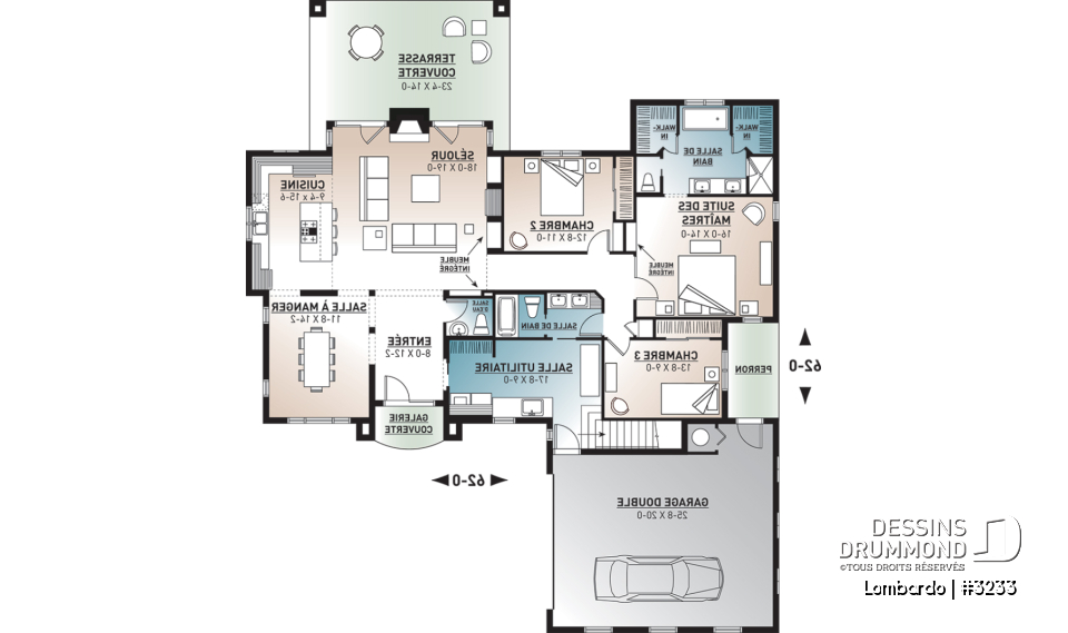 Rez-de-chaussée - Grand plan de plain-pied, 3 chambres, garage double, terrasse abritée, foyer, grande buanderie, suite parents - Lombardo