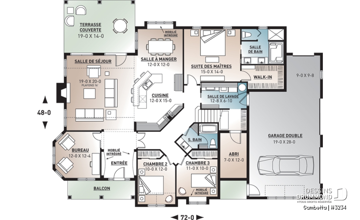 Rez-de-chaussée - Plan de bungalow, terrain en coin, garage double de côté, grande chambre des parents, foyer, cinéma - Gambetta