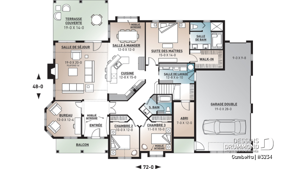 Rez-de-chaussée - Plan de bungalow, terrain en coin, garage double de côté, grande chambre des parents, foyer, cinéma - Gambetta