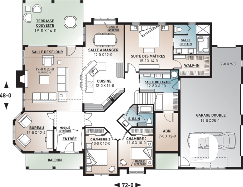 Rez-de-chaussée - Plan de bungalow, terrain en coin, garage double de côté, grande chambre des parents, foyer, cinéma - Gambetta