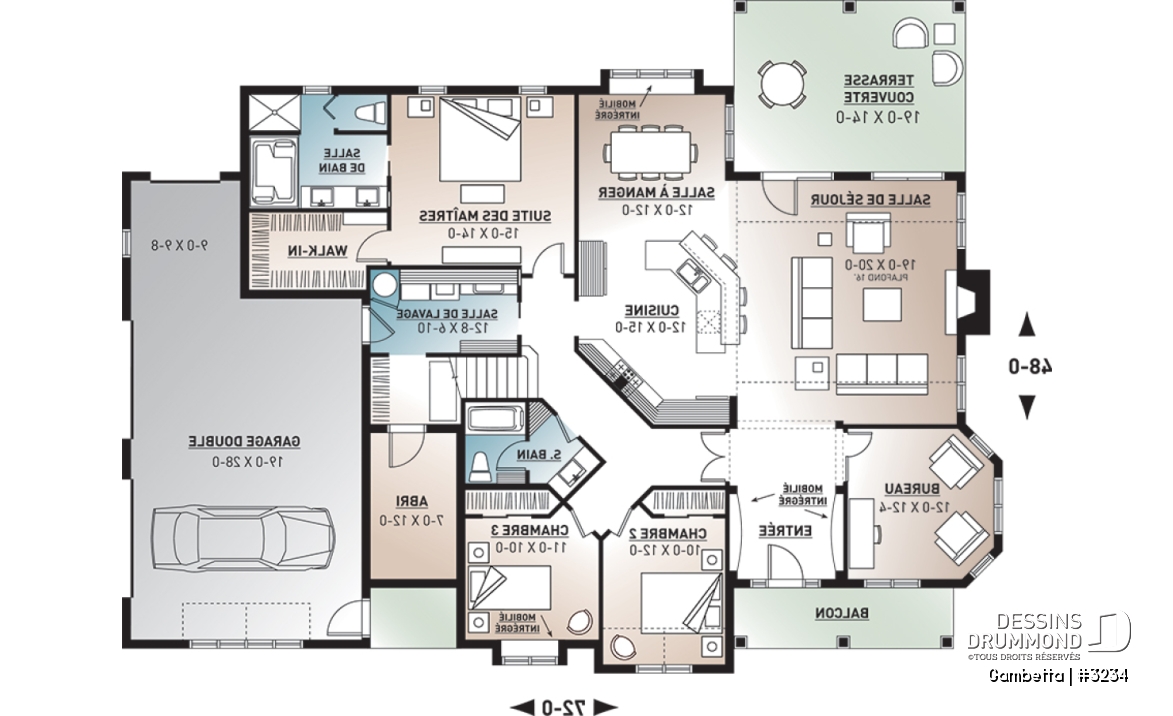 Rez-de-chaussée - Plan de bungalow, terrain en coin, garage double de côté, grande chambre des parents, foyer, cinéma - Gambetta