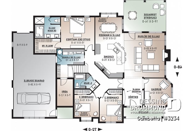 Rez-de-chaussée - Plan de bungalow, terrain en coin, garage double de côté, grande chambre des parents, foyer, cinéma - Gambetta