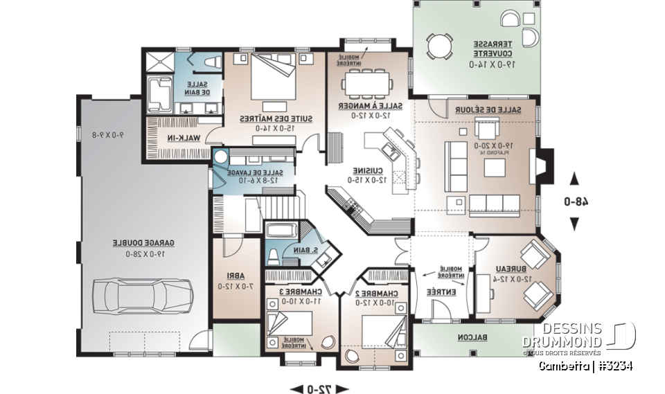 Rez-de-chaussée - Plan de bungalow, terrain en coin, garage double de côté, grande chambre des parents, foyer, cinéma - Gambetta