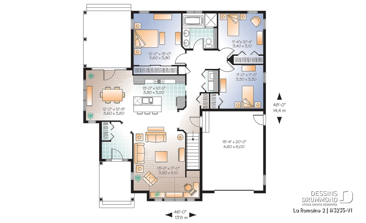 Rez-de-chaussée - Modèle de maison plain-pied 3 chambres, avec garage, terrasse couverte, vestibule fermé, aire ouverte - La Romaine 2