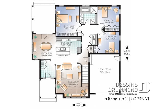 Rez-de-chaussée - Modèle de maison plain-pied 3 chambres, avec garage, terrasse couverte, vestibule fermé, aire ouverte - La Romaine 2