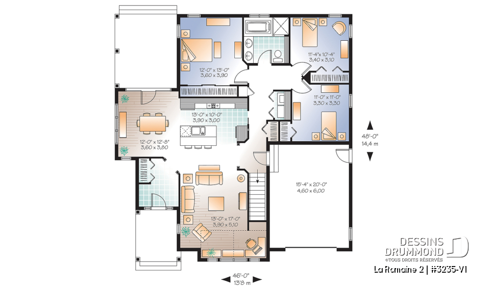 Rez-de-chaussée - Modèle de maison plain-pied 3 chambres, avec garage, terrasse couverte, vestibule fermé, aire ouverte - La Romaine 2