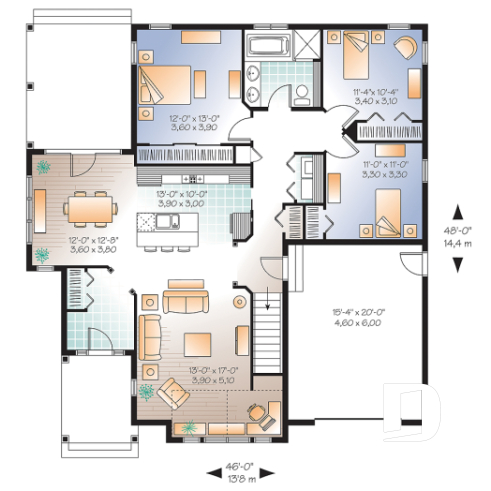 Rez-de-chaussée - Modèle de maison plain-pied 3 chambres, avec garage, terrasse couverte, vestibule fermé, aire ouverte - La Romaine 2
