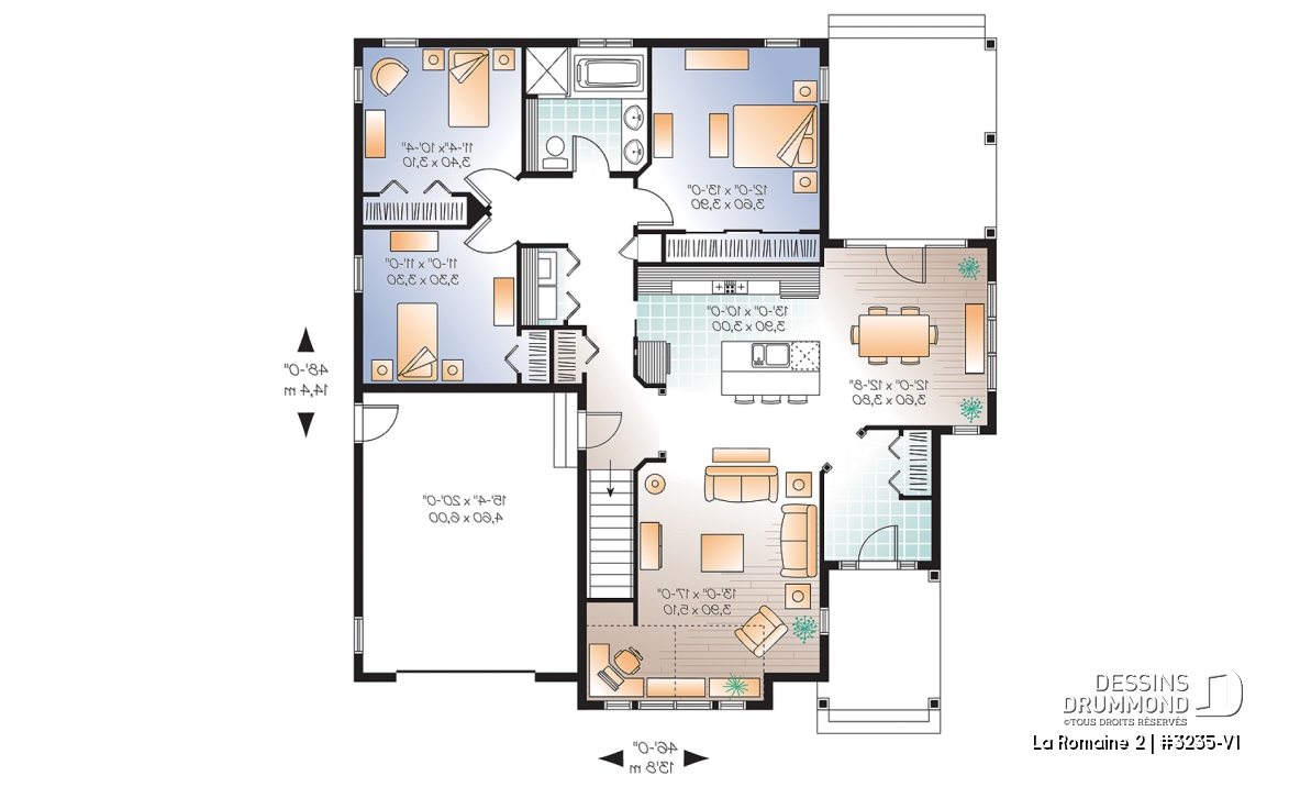 Rez-de-chaussée - Modèle de maison plain-pied 3 chambres, avec garage, terrasse couverte, vestibule fermé, aire ouverte - La Romaine 2