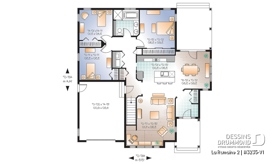 Rez-de-chaussée - Modèle de maison plain-pied 3 chambres, avec garage, terrasse couverte, vestibule fermé, aire ouverte - La Romaine 2