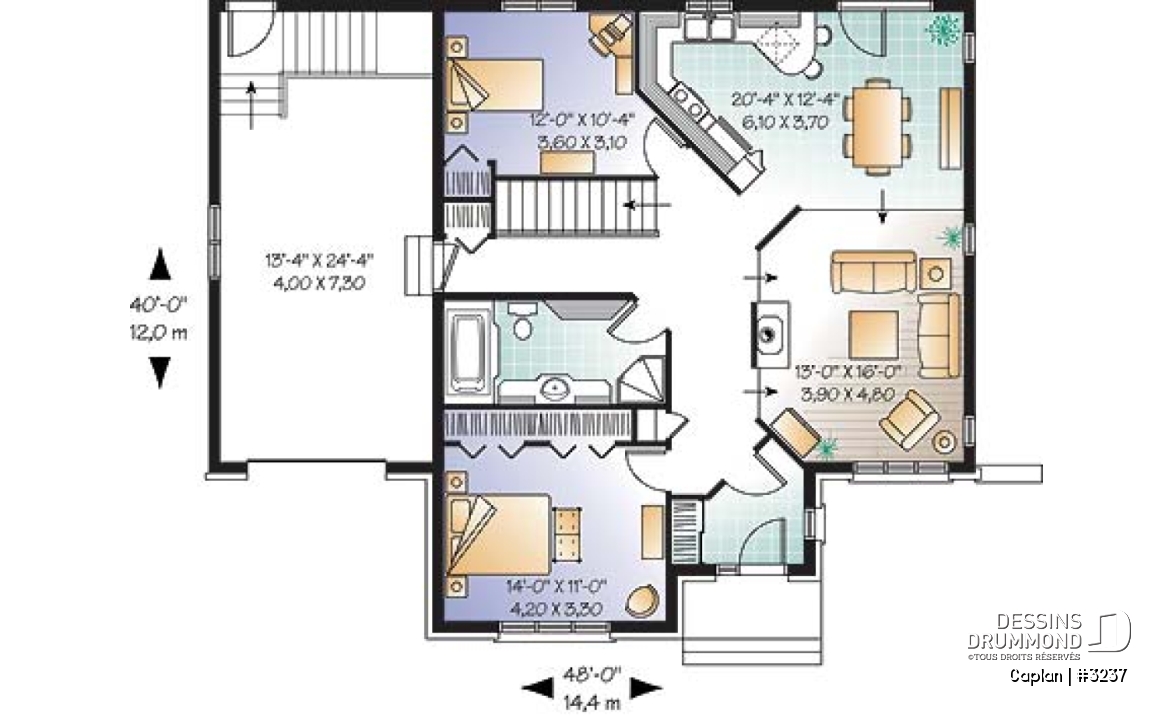 Rez-de-chaussée - Plan de bungalow 2 chambres, garage, foyer, salle de séjour abaissée, vestibule fermé - Caplan