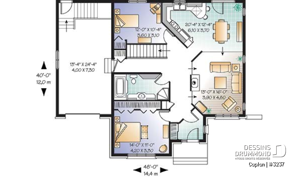 Rez-de-chaussée - Plan de bungalow 2 chambres, garage, foyer, salle de séjour abaissée, vestibule fermé - Caplan