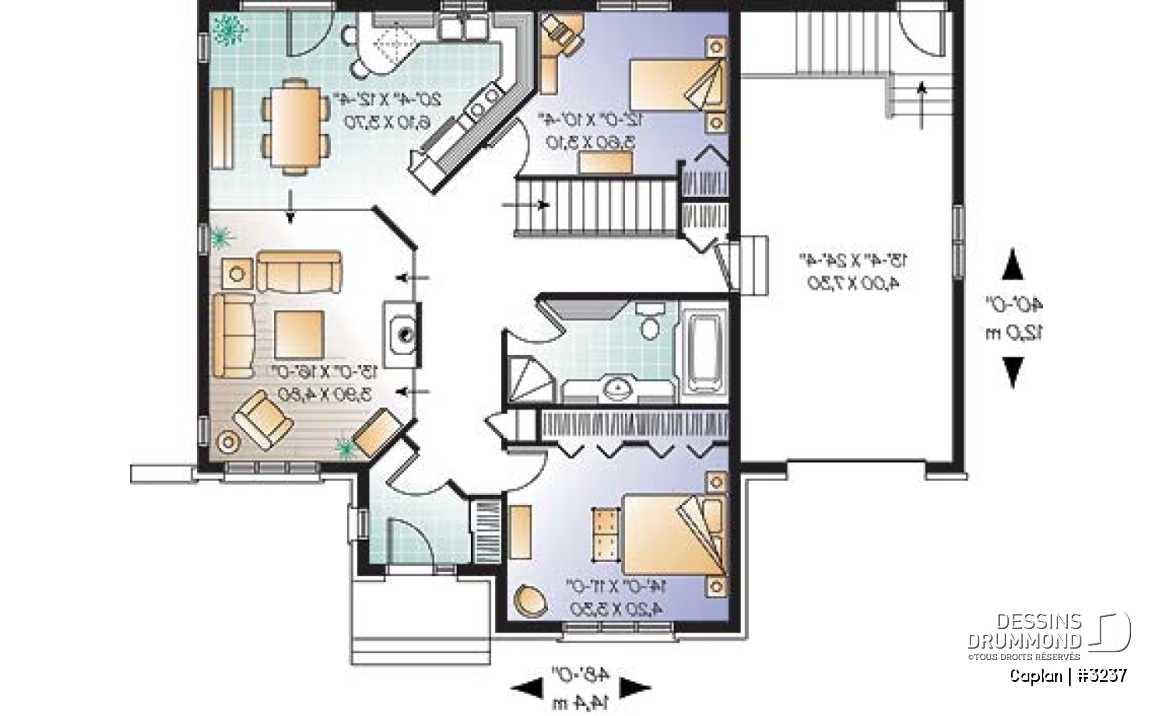 Rez-de-chaussée - Plan de bungalow 2 chambres, garage, foyer, salle de séjour abaissée, vestibule fermé - Caplan
