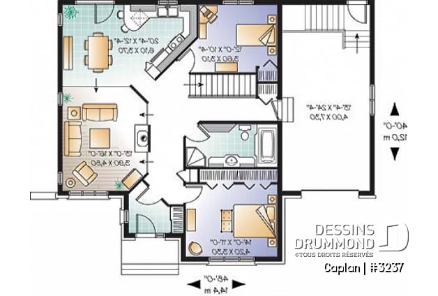 Rez-de-chaussée - Plan de bungalow 2 chambres, garage, foyer, salle de séjour abaissée, vestibule fermé - Caplan
