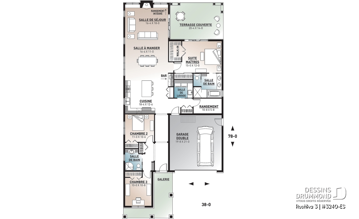 Rez-de-chaussée - Plan de plain-pied Craftsman, 3 chambres, 2 sdb, plafond 9', dalle de béton, îlot, grande terrasse abrité - Rustika 3