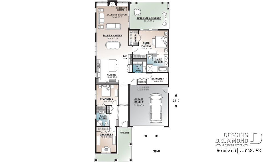 Rez-de-chaussée - Plan de plain-pied Craftsman, 3 chambres, 2 sdb, plafond 9', dalle de béton, îlot, grande terrasse abrité - Rustika 3
