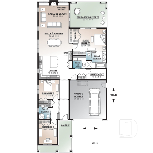 Rez-de-chaussée - Plan de plain-pied Craftsman, 3 chambres, 2 sdb, plafond 9', dalle de béton, îlot, grande terrasse abrité - Rustika 3