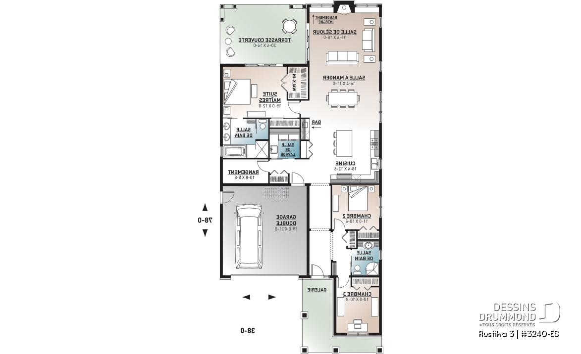 Rez-de-chaussée - Plan de plain-pied Craftsman, 3 chambres, 2 sdb, plafond 9', dalle de béton, îlot, grande terrasse abrité - Rustika 3