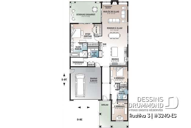 Rez-de-chaussée - Plan de plain-pied Craftsman, 3 chambres, 2 sdb, plafond 9', dalle de béton, îlot, grande terrasse abrité - Rustika 3
