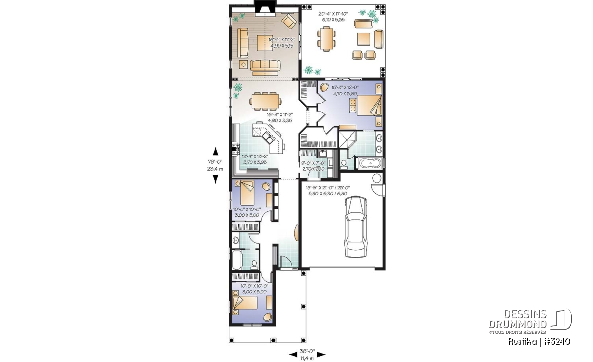 Rez-de-chaussée - Plan de plain-pied sur dalle, 3 chambres, garage double, terrasse couverte, foyer, suite de maîtres - Rustika