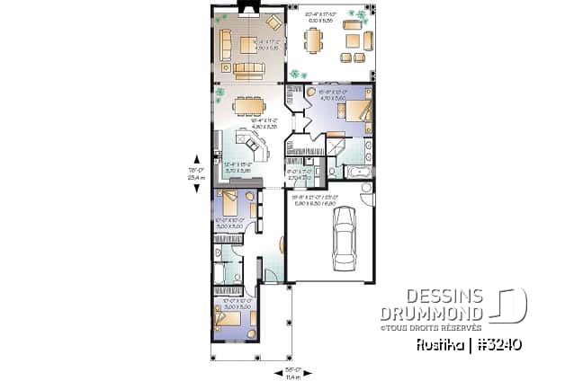 Rez-de-chaussée - Plan de plain-pied sur dalle, 3 chambres, garage double, terrasse couverte, foyer, suite de maîtres - Rustika