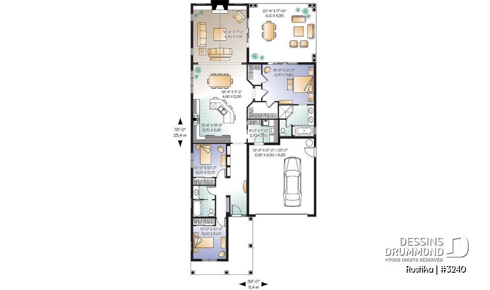 Rez-de-chaussée - Plan de plain-pied sur dalle, 3 chambres, garage double, terrasse couverte, foyer, suite de maîtres - Rustika