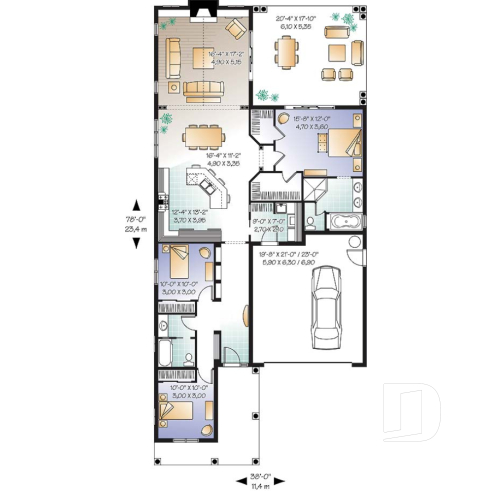 Rez-de-chaussée - Plan de plain-pied sur dalle, 3 chambres, garage double, terrasse couverte, foyer, suite de maîtres - Rustika