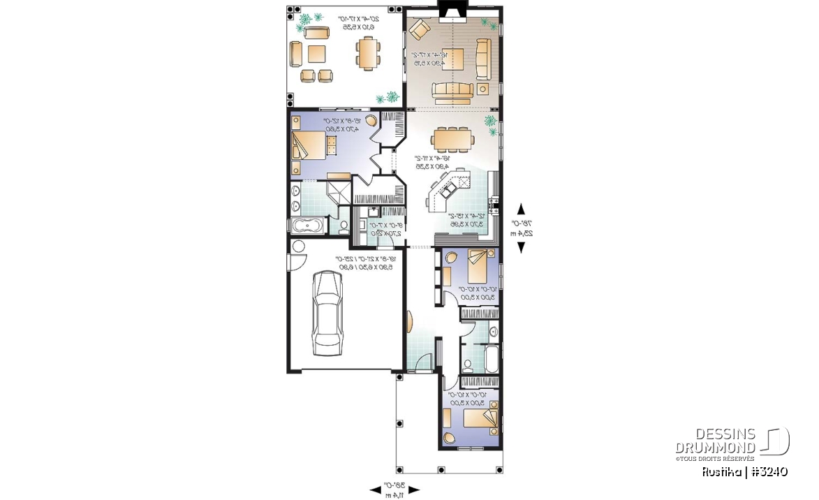 Rez-de-chaussée - Plan de plain-pied sur dalle, 3 chambres, garage double, terrasse couverte, foyer, suite de maîtres - Rustika