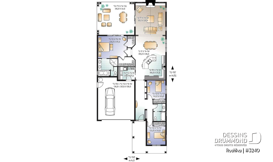 Rez-de-chaussée - Plan de plain-pied sur dalle, 3 chambres, garage double, terrasse couverte, foyer, suite de maîtres - Rustika