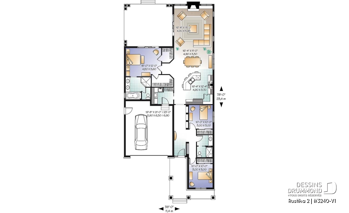 Rez-de-chaussée - Plan de bungalow de style nordique, garage double, 3 chambres, grande terrasse abritée, foyer, aire ouverte - Rustika 2