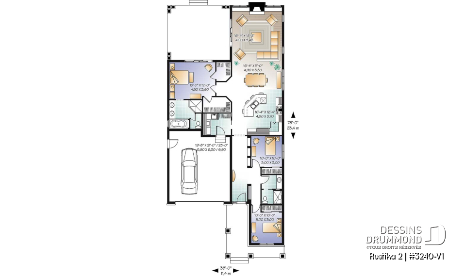 Rez-de-chaussée - Plan de bungalow de style nordique, garage double, 3 chambres, grande terrasse abritée, foyer, aire ouverte - Rustika 2