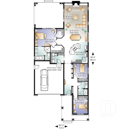 Rez-de-chaussée - Plan de bungalow de style nordique, garage double, 3 chambres, grande terrasse abritée, foyer, aire ouverte - Rustika 2