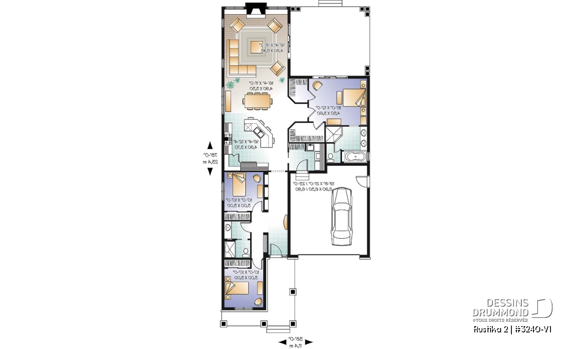 Rez-de-chaussée - Plan de bungalow de style nordique, garage double, 3 chambres, grande terrasse abritée, foyer, aire ouverte - Rustika 2