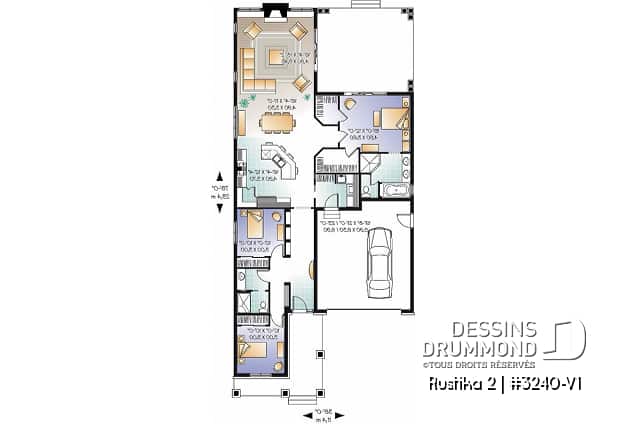 Rez-de-chaussée - Plan de bungalow de style nordique, garage double, 3 chambres, grande terrasse abritée, foyer, aire ouverte - Rustika 2