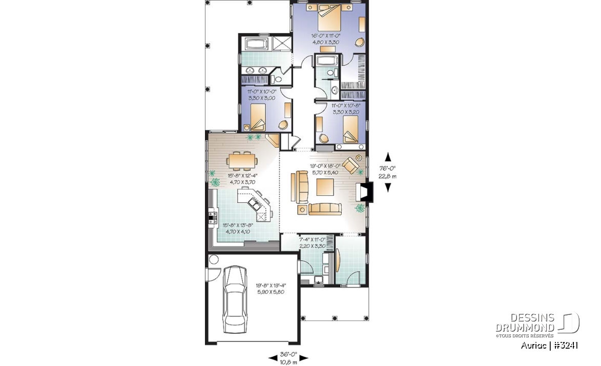 Rez-de-chaussée - Plan de bungalow 3 chambres avec garage double, plafond de 9' et 11', terrasse abritée, buanderie, foyer - Auriac