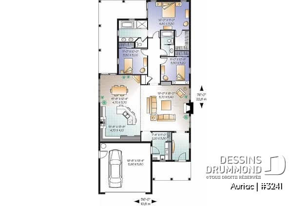 Rez-de-chaussée - Plan de bungalow 3 chambres avec garage double, plafond de 9' et 11', terrasse abritée, buanderie, foyer - Auriac