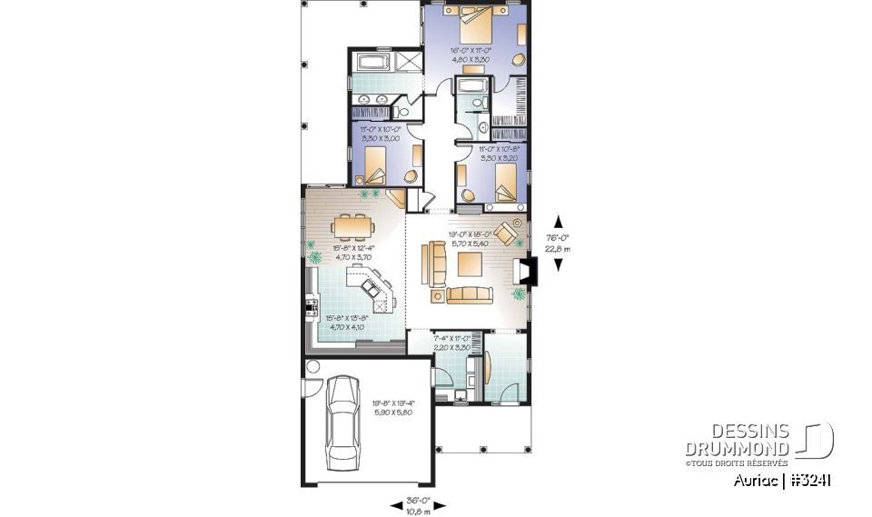 Rez-de-chaussée - Plan de bungalow 3 chambres avec garage double, plafond de 9' et 11', terrasse abritée, buanderie, foyer - Auriac