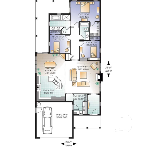 Rez-de-chaussée - Plan de bungalow 3 chambres avec garage double, plafond de 9' et 11', terrasse abritée, buanderie, foyer - Auriac