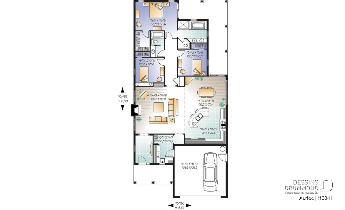 Rez-de-chaussée - Plan de bungalow 3 chambres avec garage double, plafond de 9' et 11', terrasse abritée, buanderie, foyer - Auriac