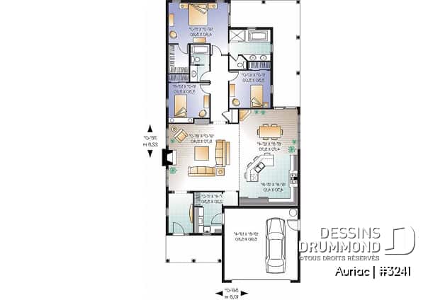 Rez-de-chaussée - Plan de bungalow 3 chambres avec garage double, plafond de 9' et 11', terrasse abritée, buanderie, foyer - Auriac