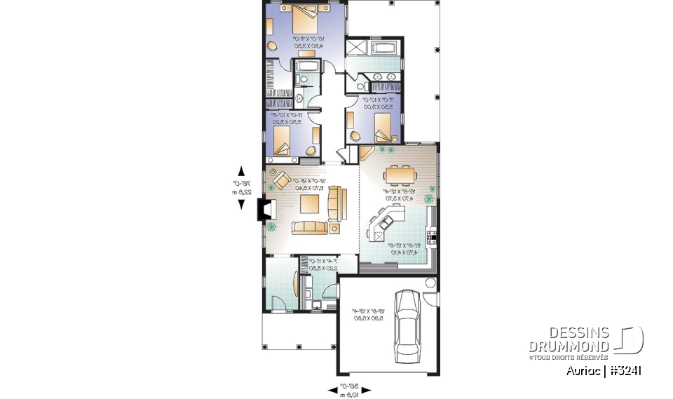 Rez-de-chaussée - Plan de bungalow 3 chambres avec garage double, plafond de 9' et 11', terrasse abritée, buanderie, foyer - Auriac