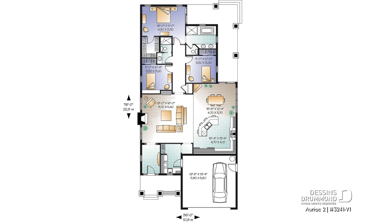 Rez-de-chaussée - Plan de Maison américaine, garage double, 3 chambres, buanderie, grande terrasse couverte - Auriac 2