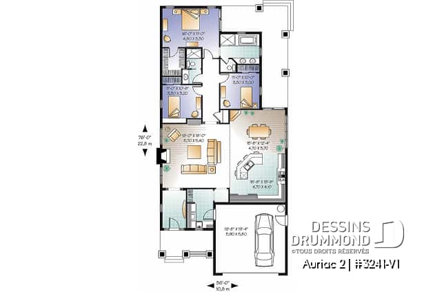 Rez-de-chaussée - Plan de Maison américaine, garage double, 3 chambres, buanderie, grande terrasse couverte - Auriac 2