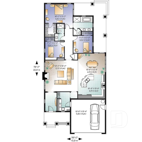 Rez-de-chaussée - Plan de Maison américaine, garage double, 3 chambres, buanderie, grande terrasse couverte - Auriac 2