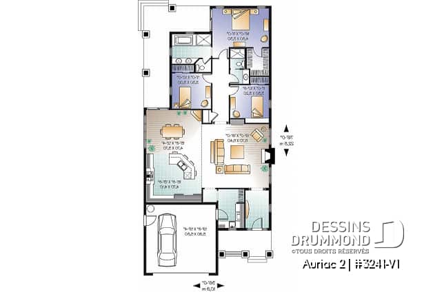 Rez-de-chaussée - Plan de Maison américaine, garage double, 3 chambres, buanderie, grande terrasse couverte - Auriac 2
