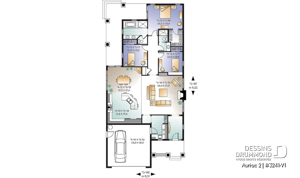Rez-de-chaussée - Plan de Maison américaine, garage double, 3 chambres, buanderie, grande terrasse couverte - Auriac 2